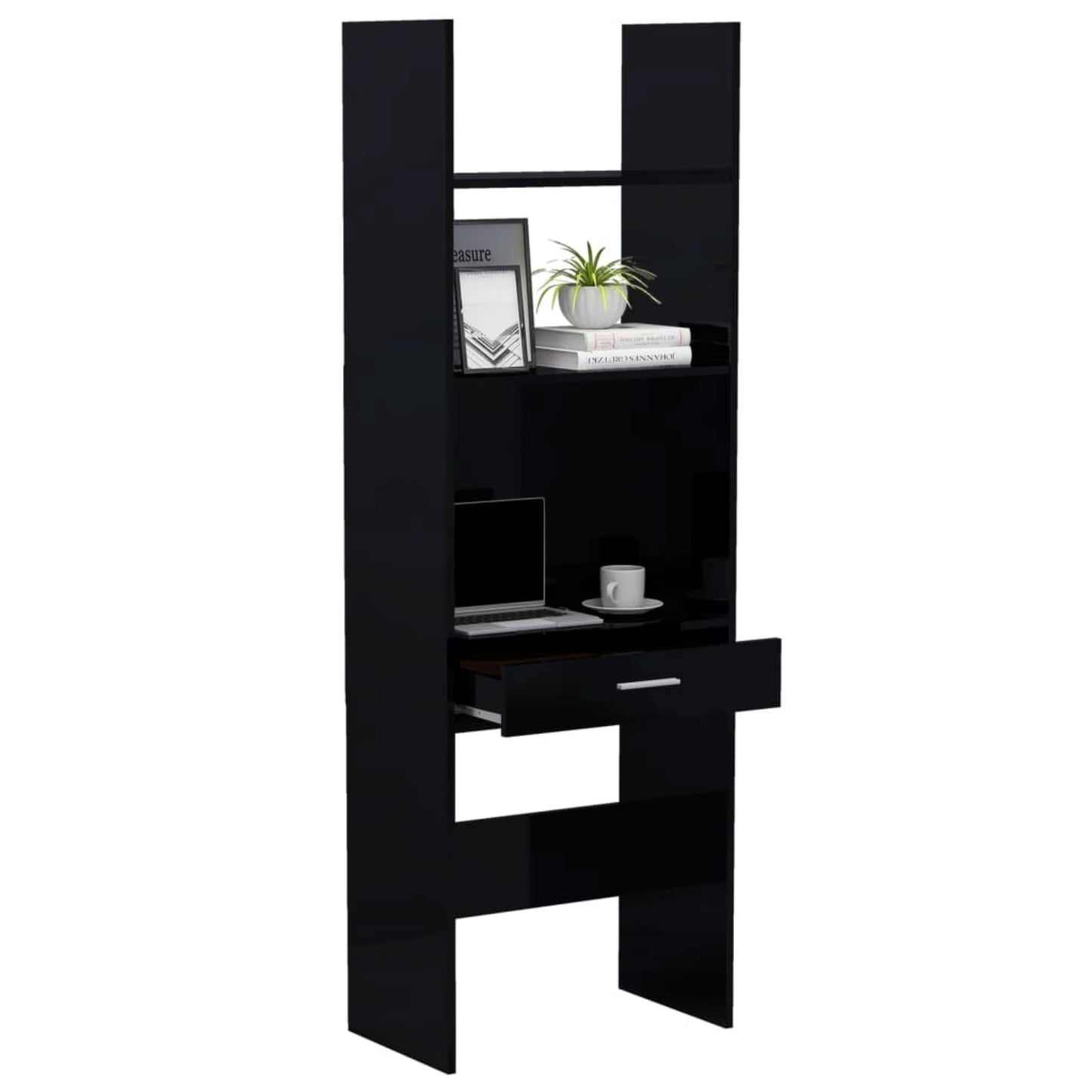 Modern Bookcase Desk Black Gloss Shelving Workstation Tall Office Storage Cabinet