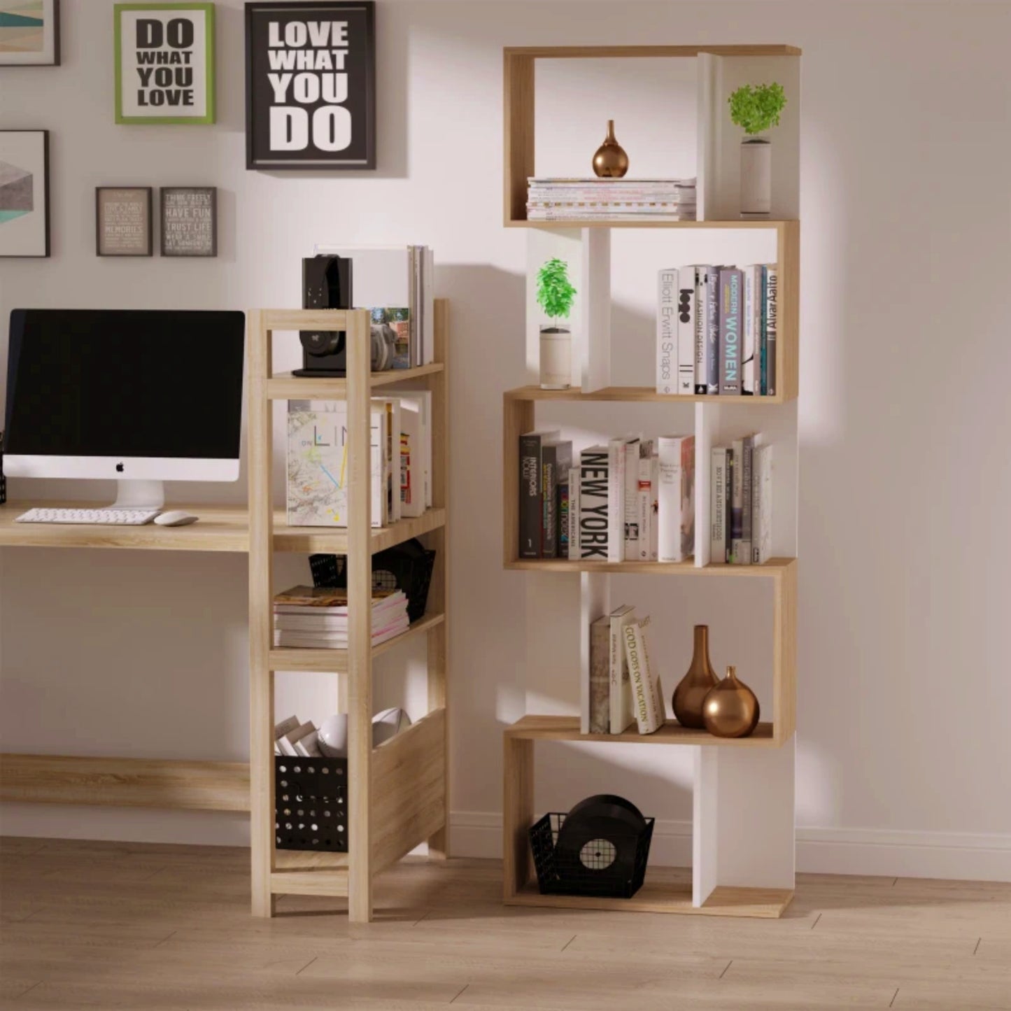 Modern Tall Bookcase White Oak Storage Cabinet Lounge Display Shelving Unit