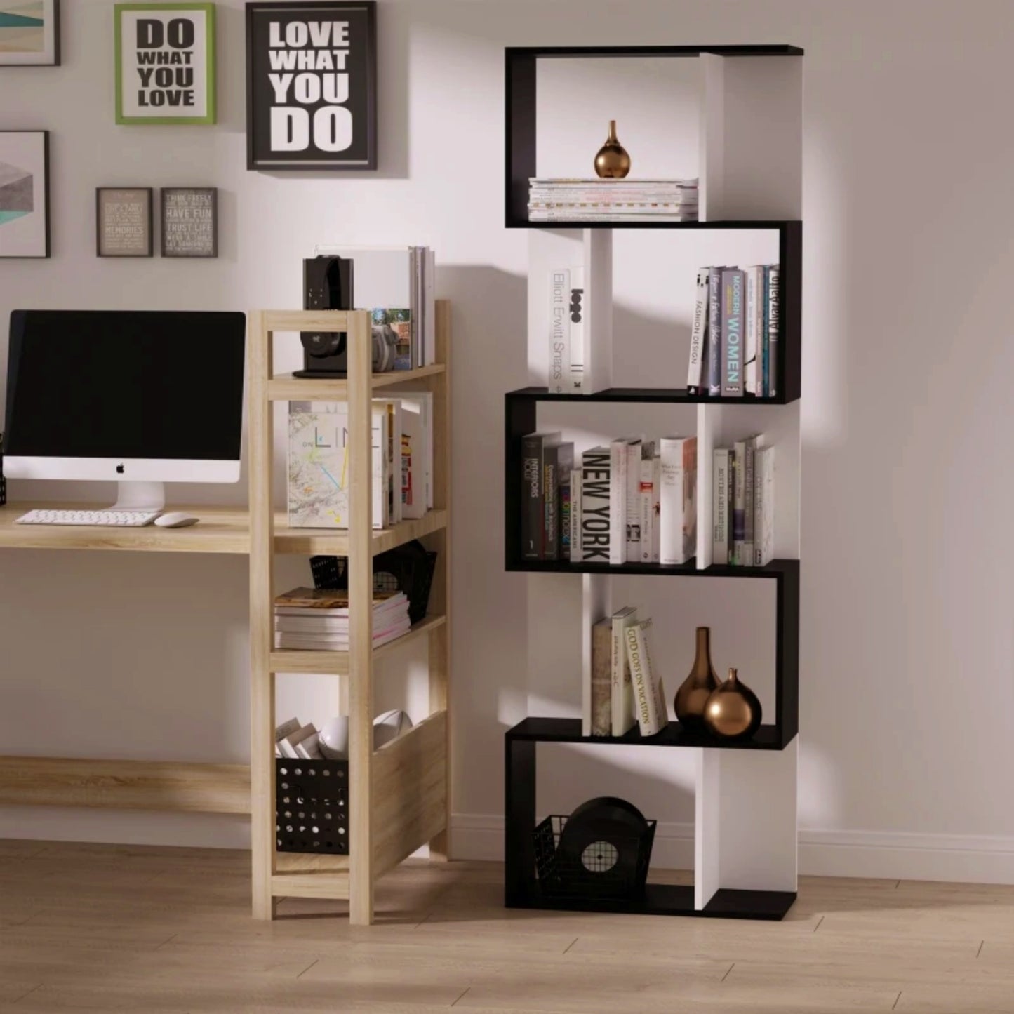 White Tall Bookcase Modern Black Storage Cabinet Lounge Display Shelving Unit