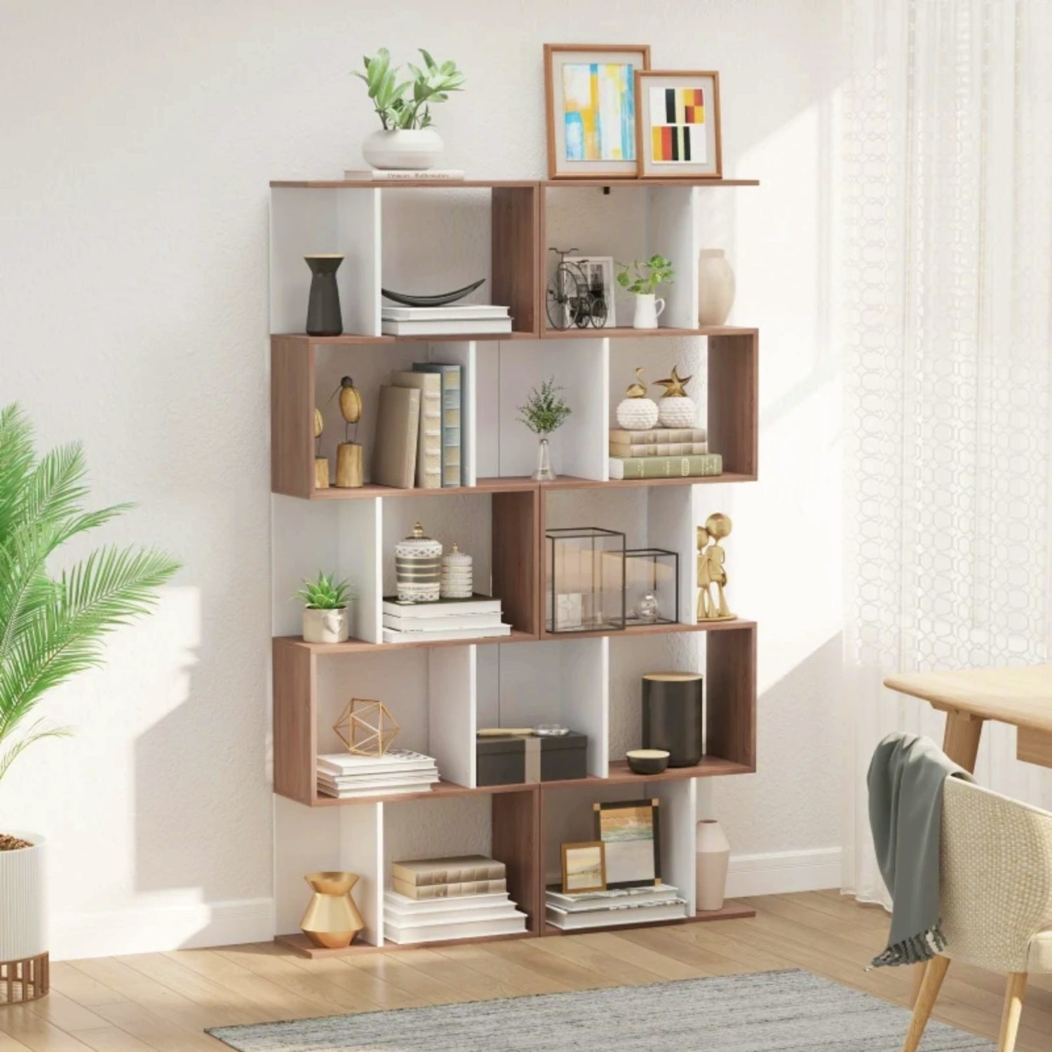 Modern Tall Bookcase White Oak Storage Cabinet Lounge Display Shelving Unit