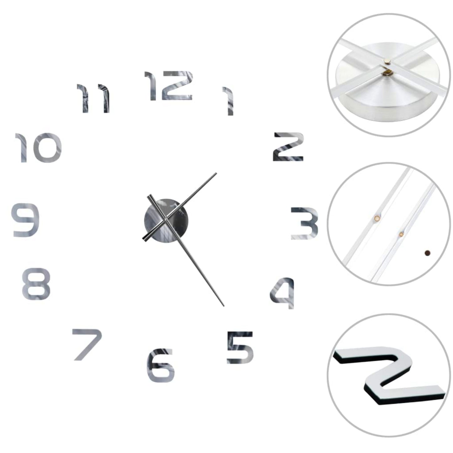 Modern Wall Clock Large Silver Sticker Round Mirrored Home Office Timer Decor