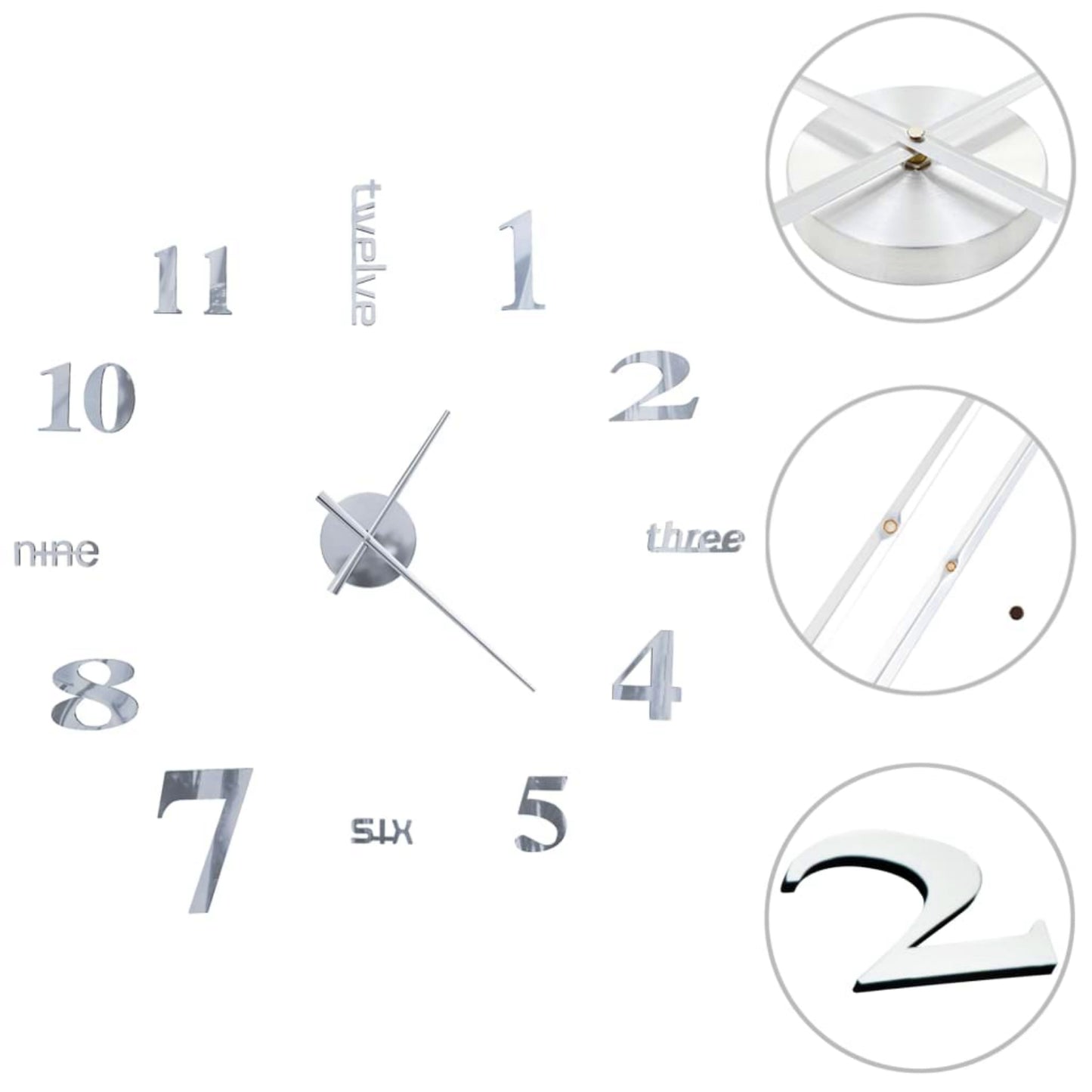 Χ Large Wall Clock 3D Mirrored Home Office Interior Decor Silver Sticker Timer