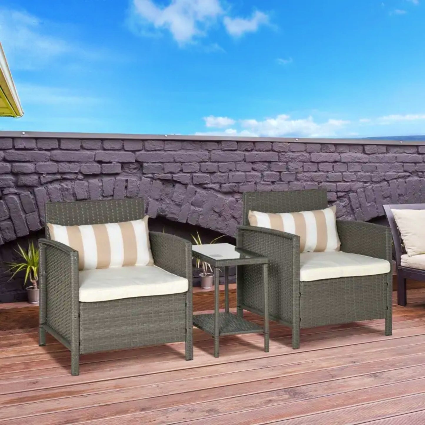 Garden Coffee Set Patio Rattan Armchair Grey Bistro Side Table Outdoor Lounger