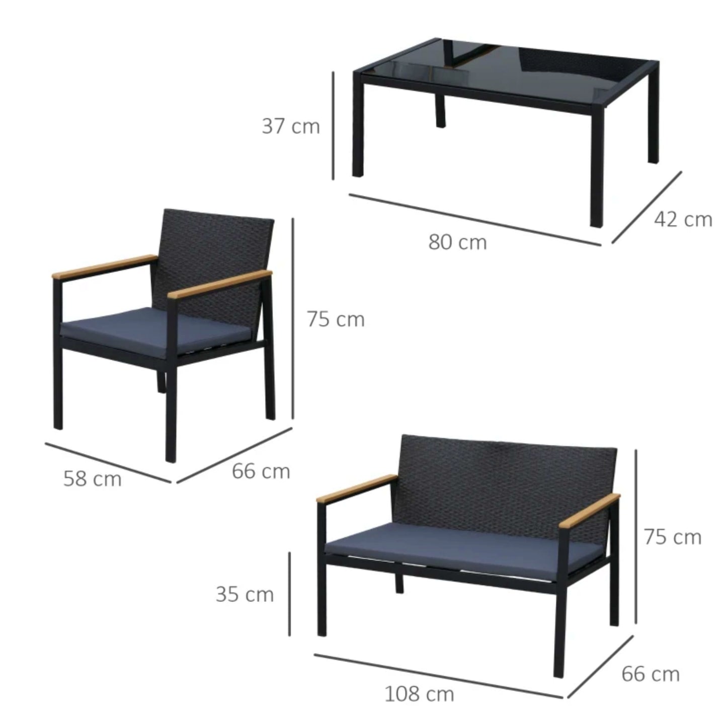 Garden Coffee Set Modern Patio Sofa Table Black Lounger Chair Outdoor Furniture