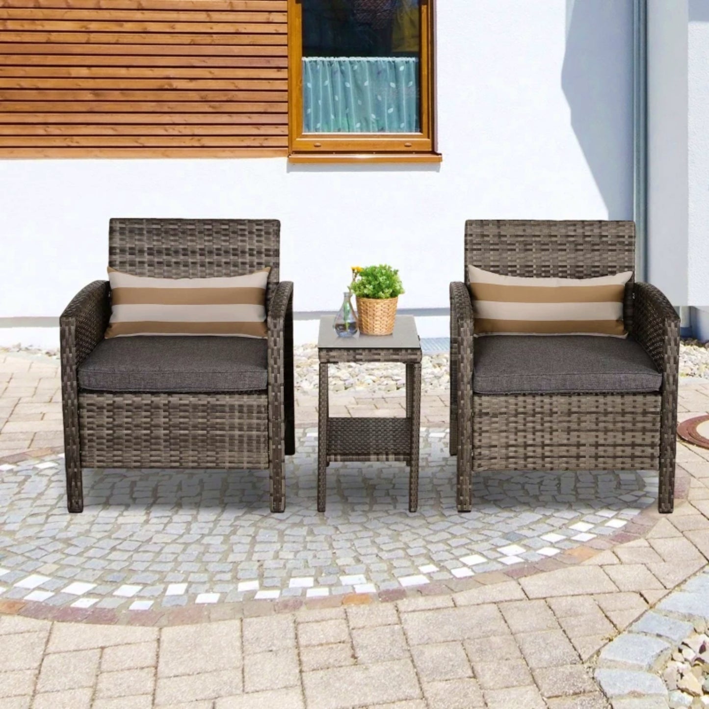 Garden Rattan Set Patio Armchair Grey Coffee Bistro Side Table Outdoor Lounger