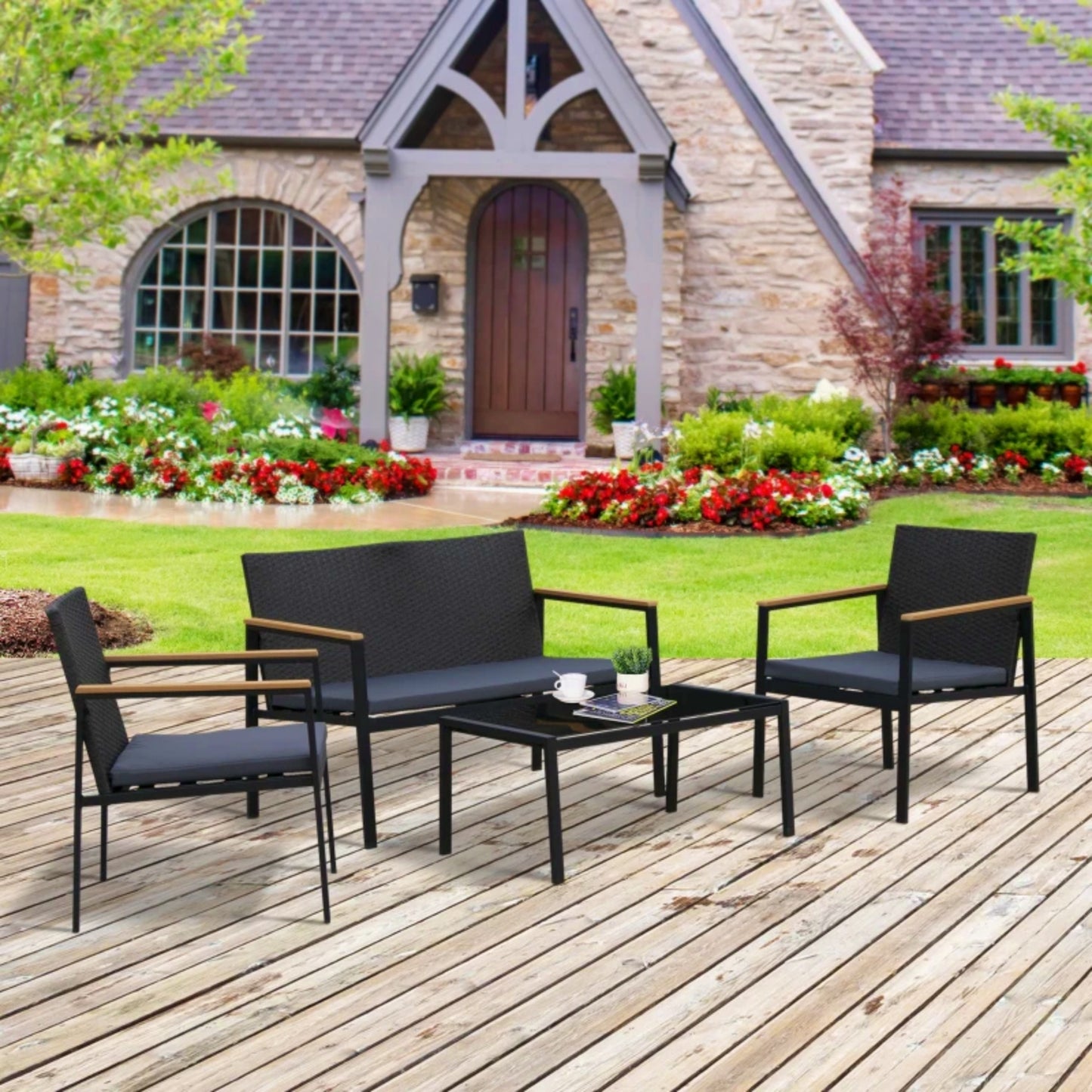 Garden Coffee Set Modern Patio Sofa Table Black Lounger Chair Outdoor Furniture