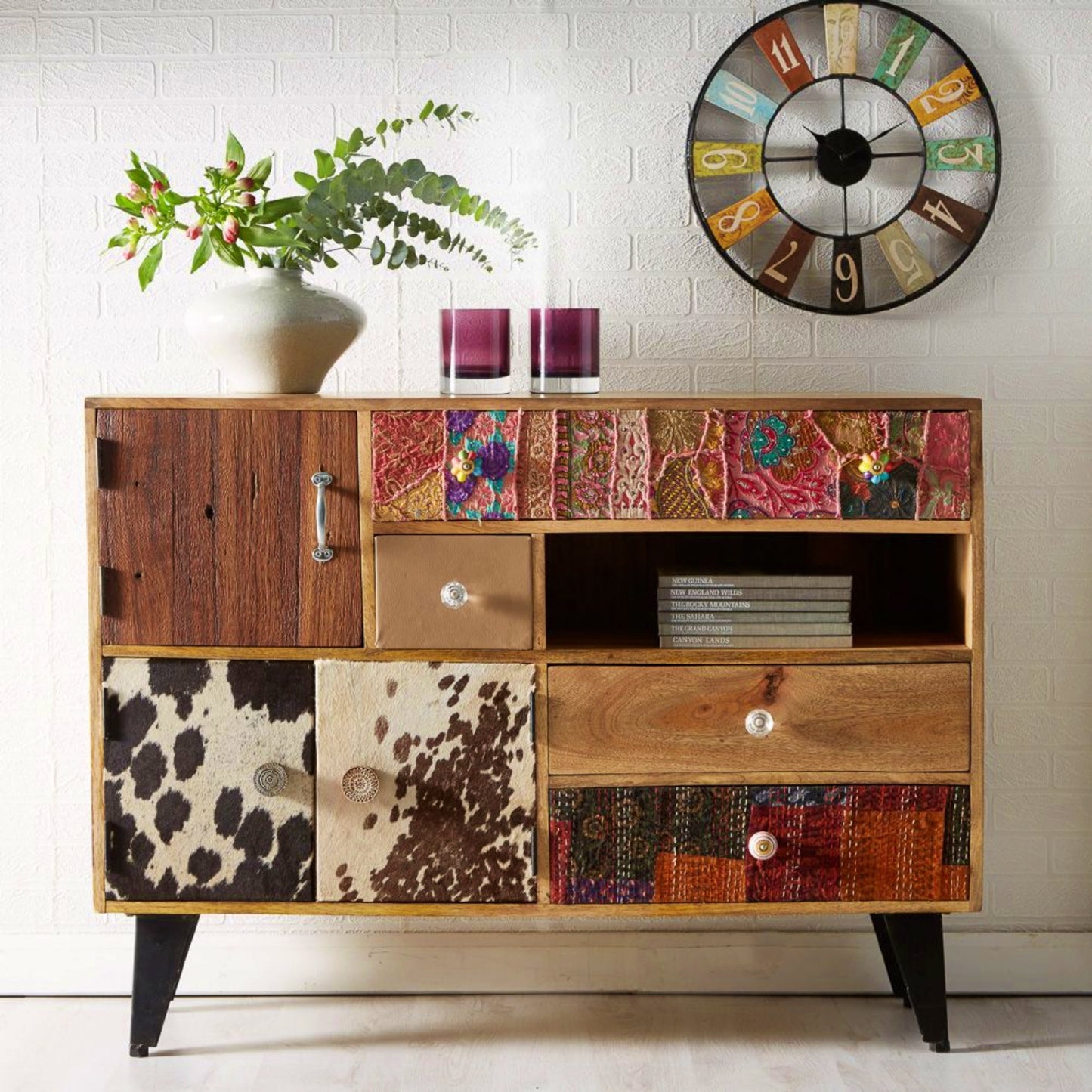 Retro Wooden Sideboard Large Living Room Cabinet Vintage Patchwork Console Table