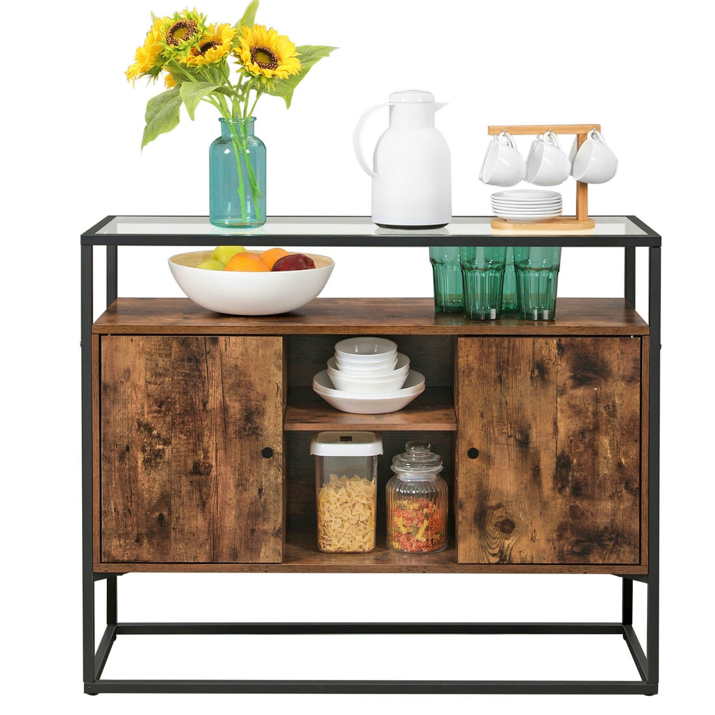 Industrial Narrow Sideboard Vintage Storage Cabinet Glass Hallway Console Table