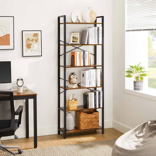 Tall I Industrial Bookcase Rustic Wood Panels Metal Frame Storage Cabinet Home Office Bookshelf Modern