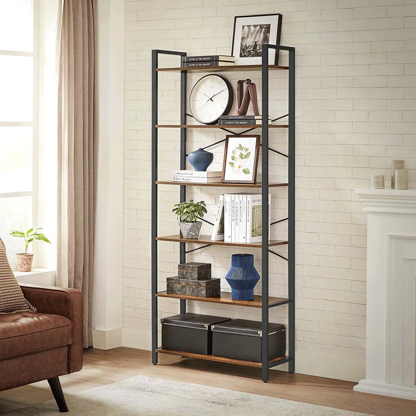 Tall Rustic Bookcase Industrial Shelving Unit Lounge Display Storage Cabinet