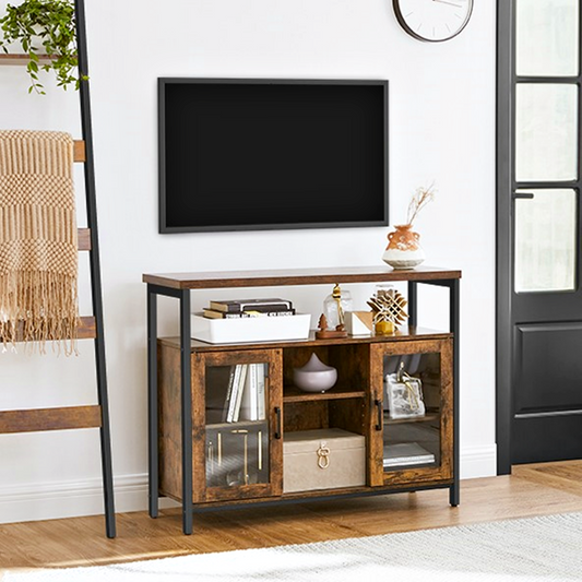 Modern Industrial Sideboard Living Room Wood Metal Storage Cabinet TV Unit Glass Doors Display