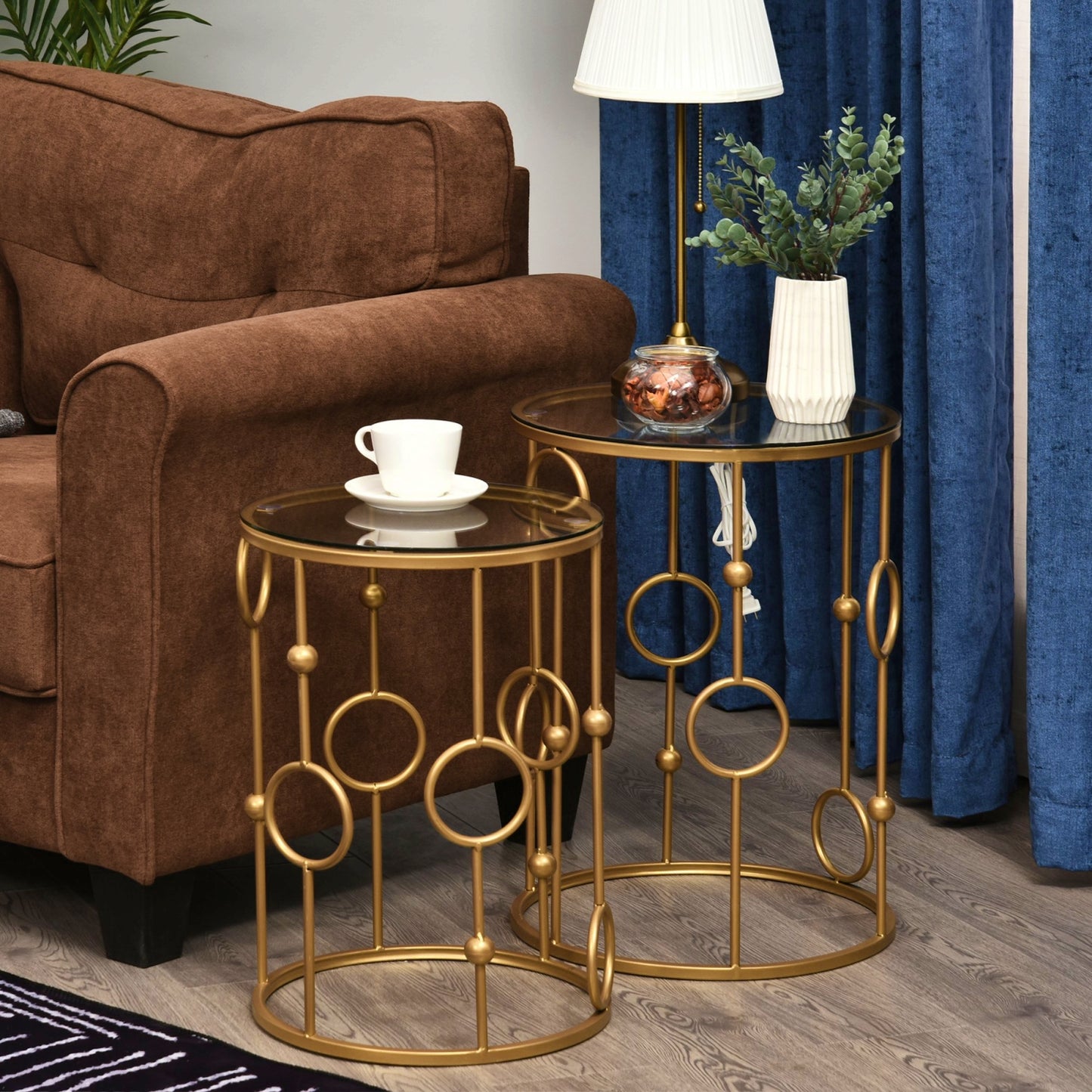 Side Table Set Round Gold Coffee Unit Modern Lounge Sofa End Stand Glass Metal Home Furniture