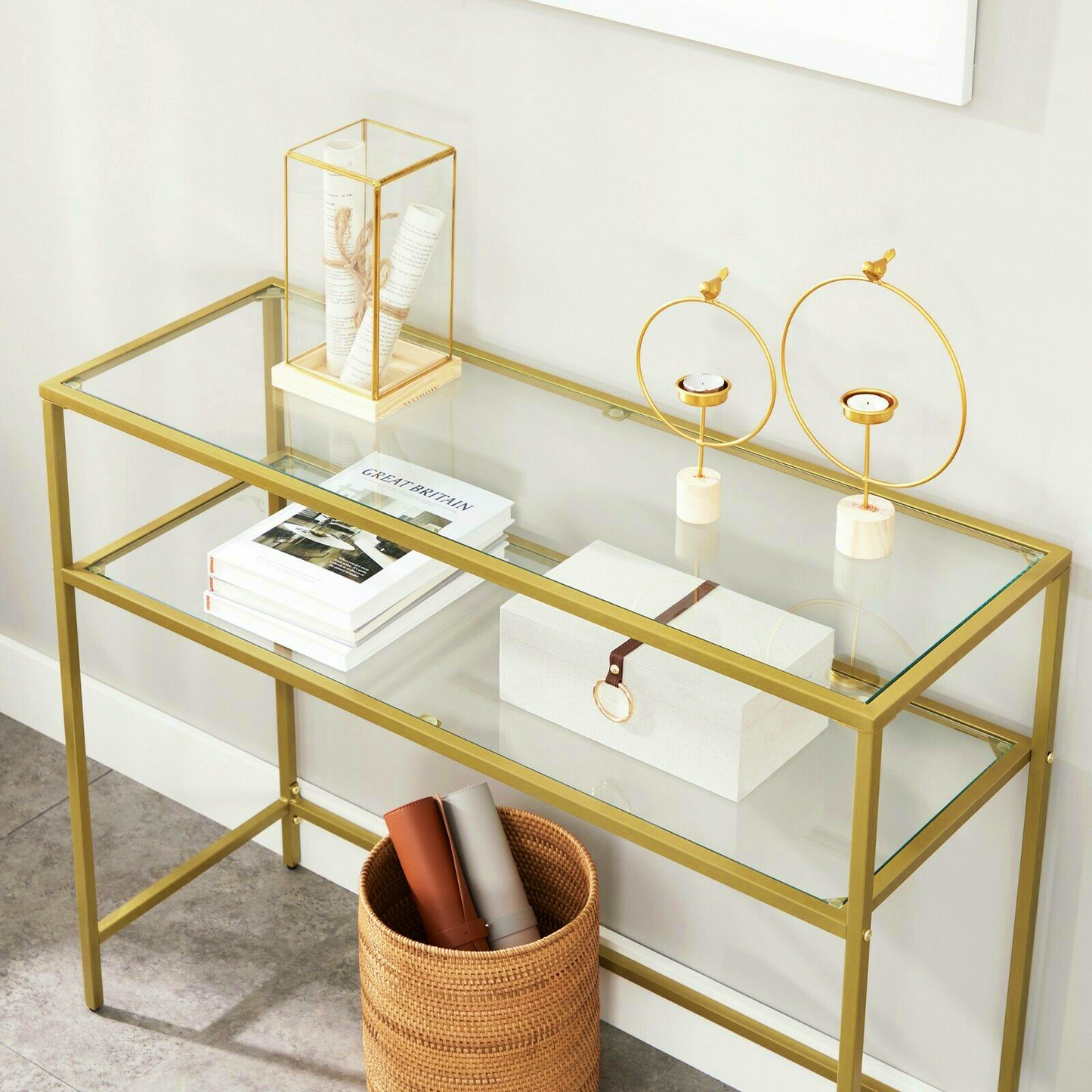 Glass and Gold Metal Console Table Modern Living Room Furniture Slim Hallway Display Unit