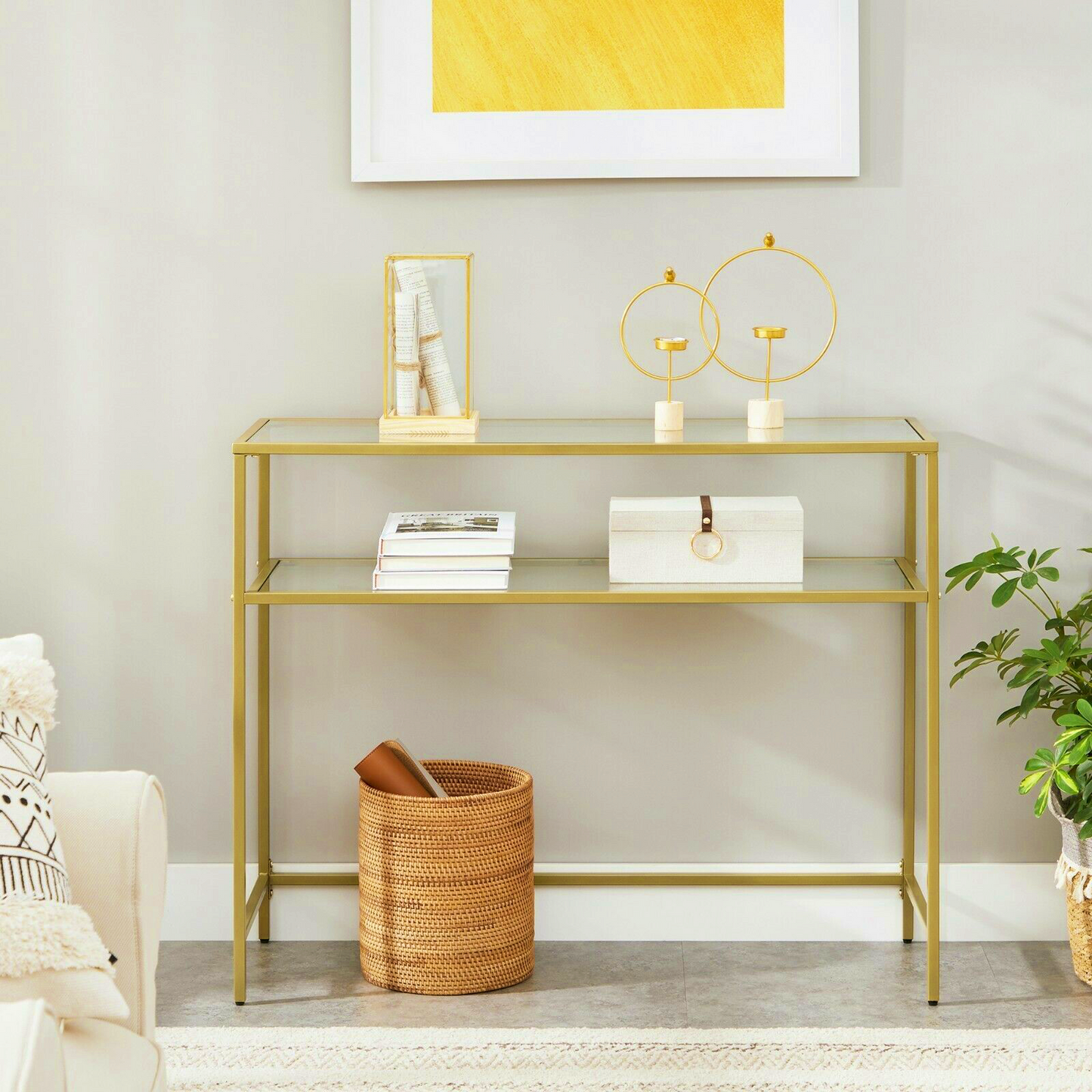 Glass and Gold Metal Console Table Modern Living Room Furniture Slim Hallway Display Unit