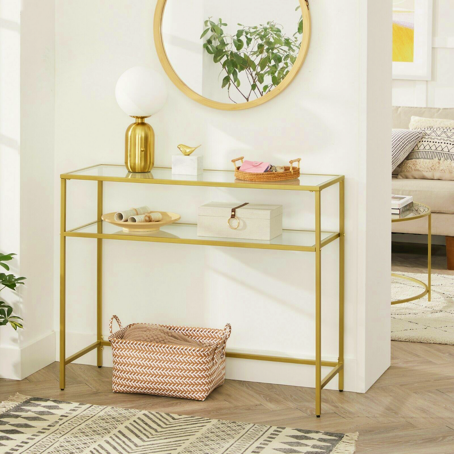 Glass and Gold Metal Console Table Modern Living Room Furniture Slim Hallway Display Unit