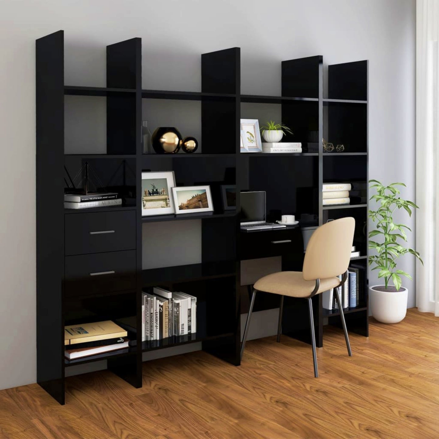 Modern Bookcase Desk Black Gloss Shelving Workstation Tall Office Storage Cabinet