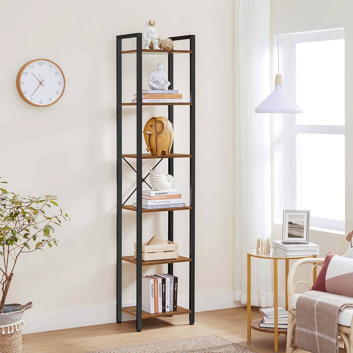 Industrial Tall Bookcase Vintage Slim Shelving Unit Rustic Home Display Cabinet