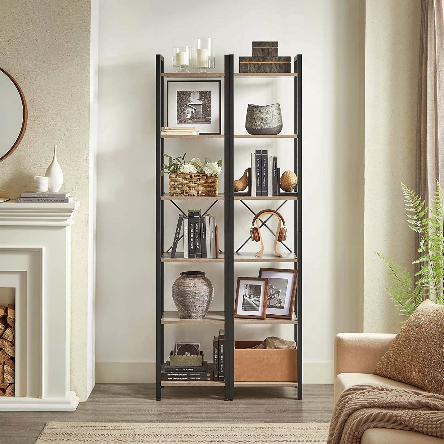 Modern Tall Bookcase Industrial Slim Shelving Unit Rustic Home Display Cabinet