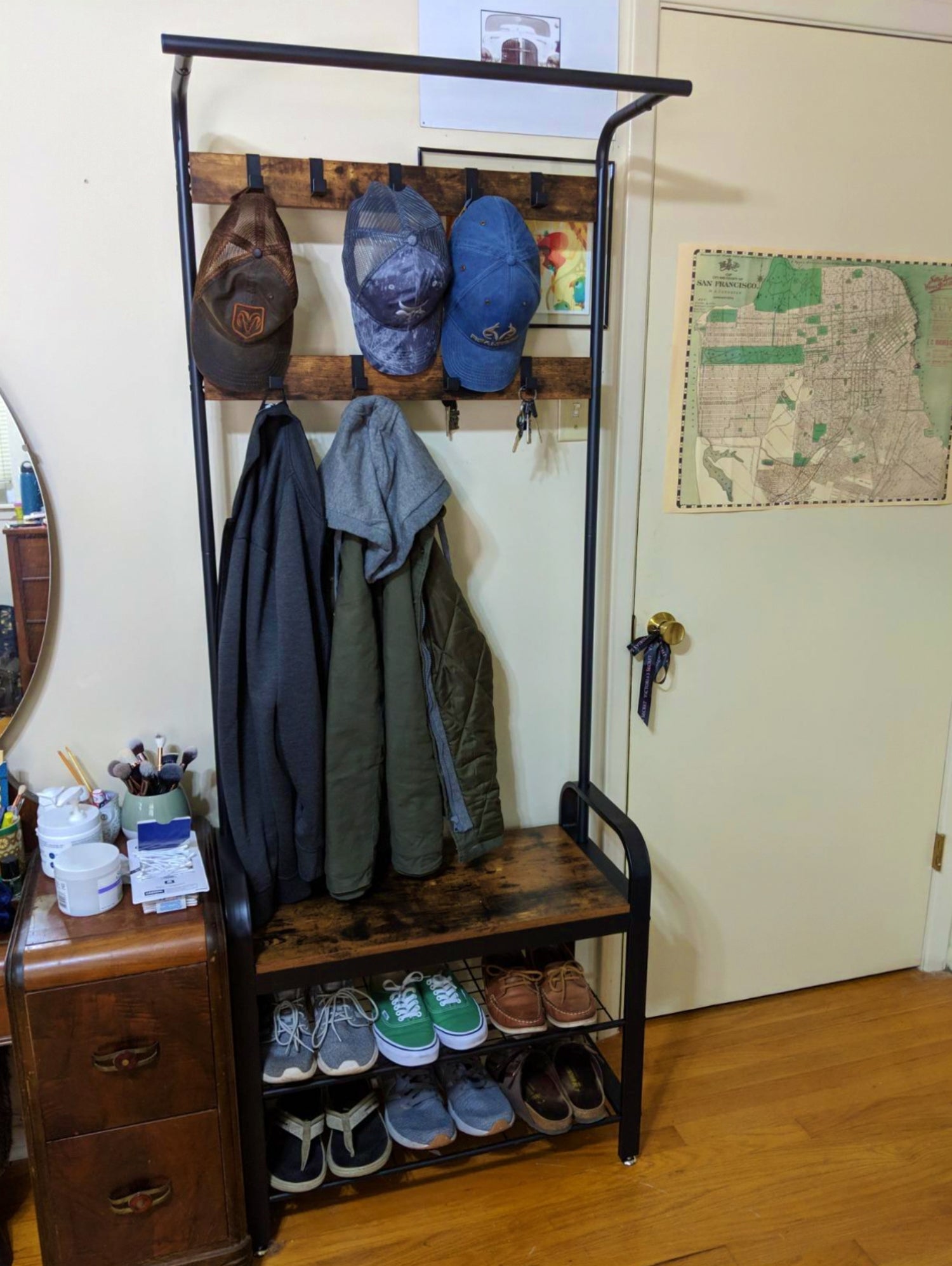Coat rack with shoe storage bench hot sale