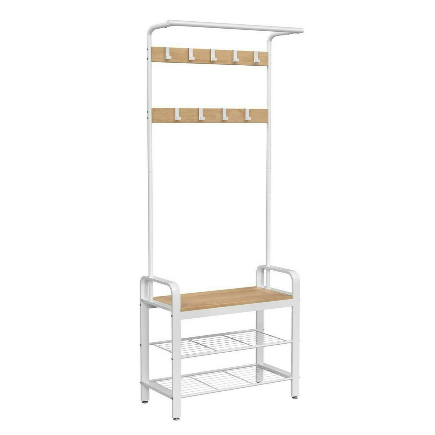 White Coat Stand Metal Tall Clothes Rack Modern Hallway Storage Unit Shoe Bench