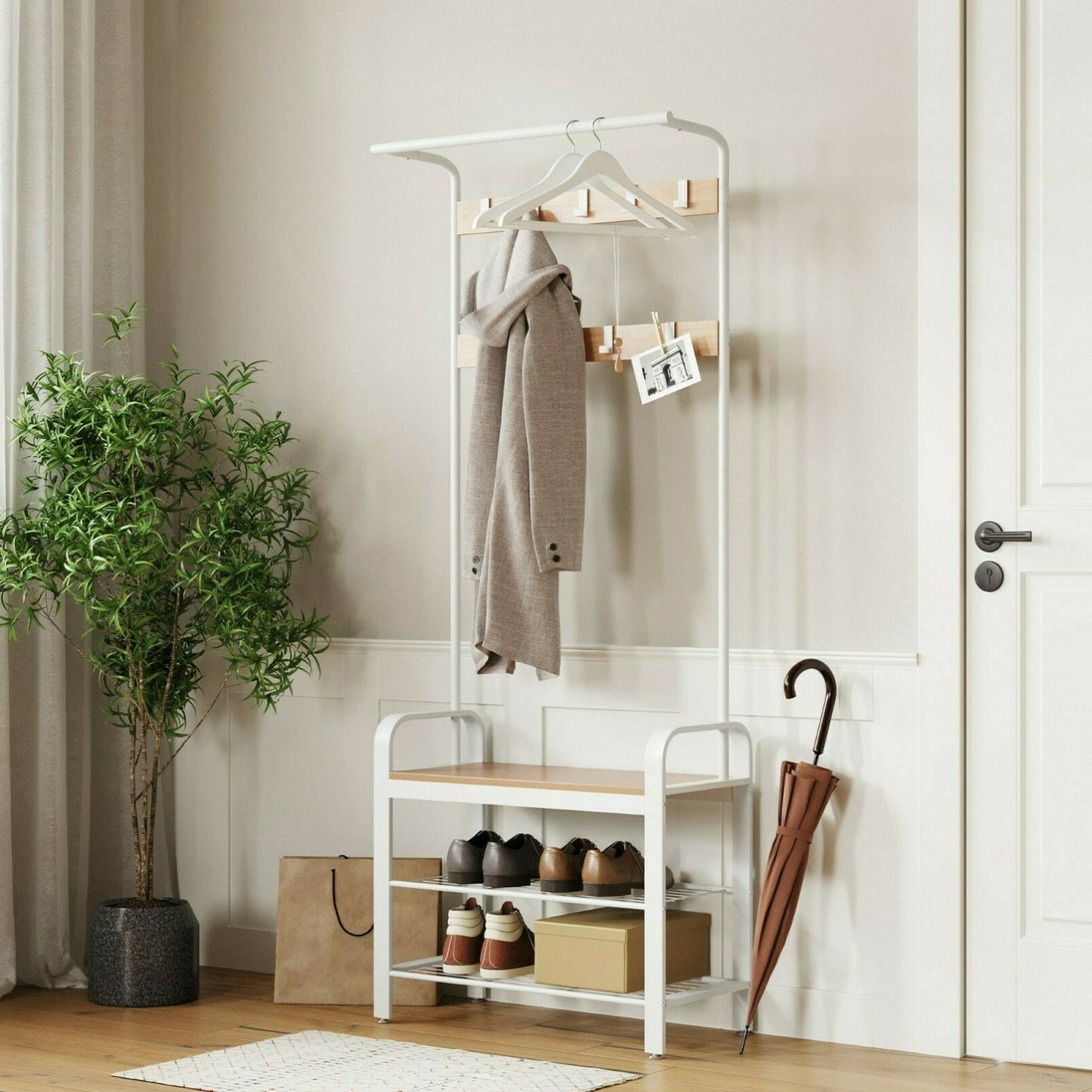 White Coat Stand Metal Tall Clothes Rack Modern Hallway Storage Unit Shoe Bench