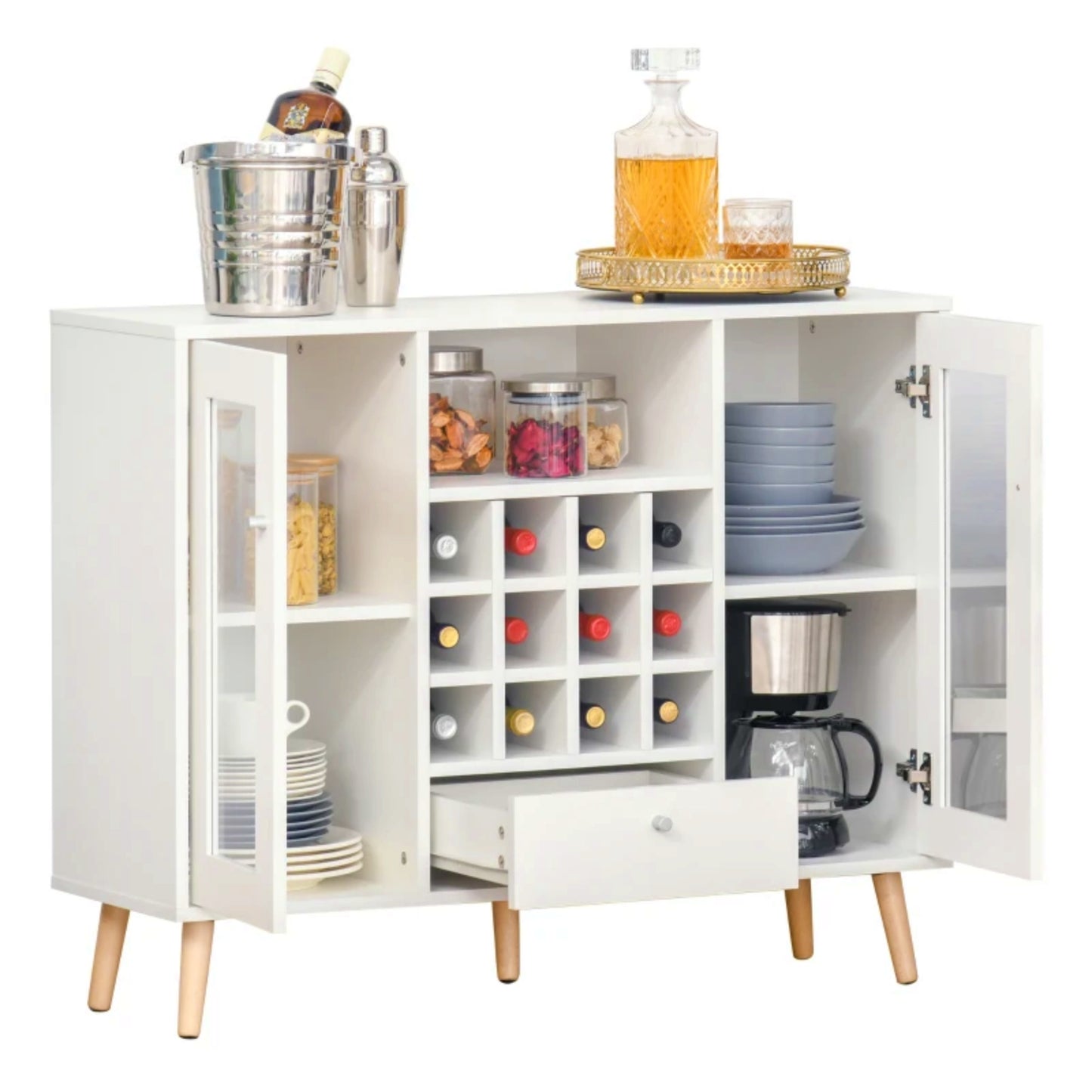 White Retro Sideboard Wine Storage Cabinet Kitchen Modern Island Cupboard Buffet